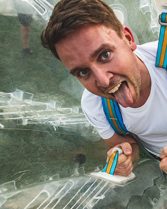 Player pulling a face from inside his bubble